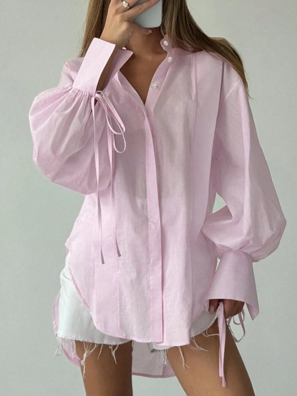 Pink Casual Women's Lapel Long Sleeve Tie Front Woven Shirt Blouse - Picture 3 of 7